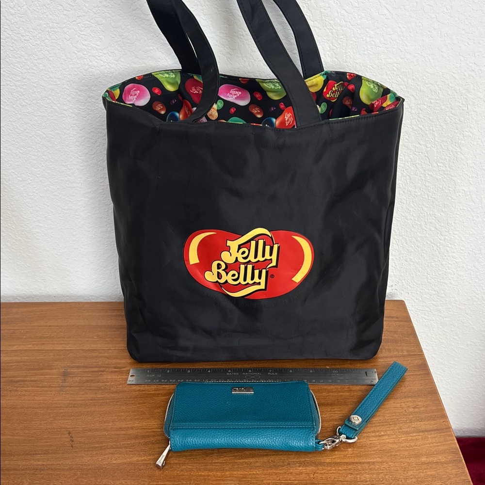Jelly belly black tote with interior of colorful jellybeans like new